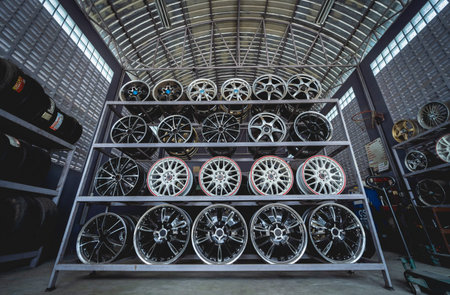 Rows of metal car disks in a shop