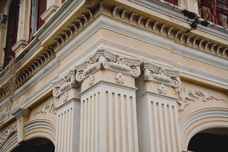 Colorful old house facades and ornate metal balconiesの写真素材