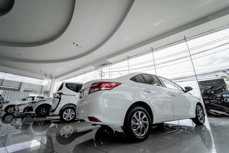 PHUKET, THAILAND - JUNE 05, 2022: Cars in showroom of dealership Toyotaのeditorial素材