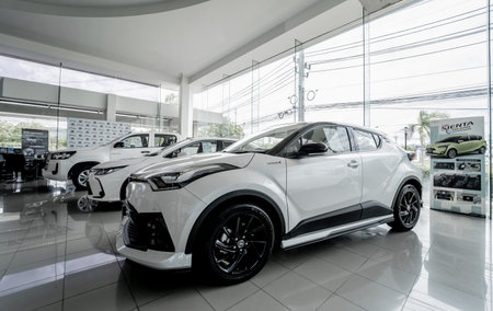 PHUKET, THAILAND - JUNE 05, 2022: Cars in showroom of dealership Toyota