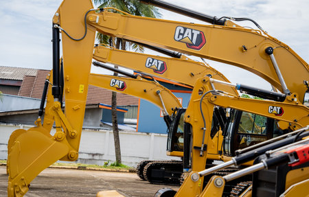 PHUKET, TAHAILAND - JUNE 05, 2022: Caterpillar heavy duty equipment vehicle on display area of...