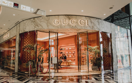 PHUKET, THAILAND - MAY 29, 2022: Gucci brand retail shop logo signboard on the storefront in the shopping mallのeditorial素材