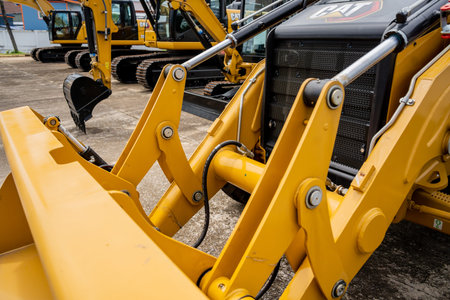 PHUKET, TAHAILAND - JUNE 05, 2022: Caterpillar heavy duty equipment vehicle on display area of...