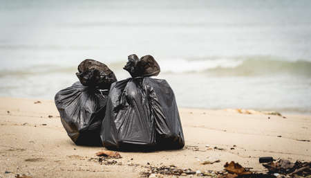 Large bags with collected plastic and other waste on the beachの写真素材