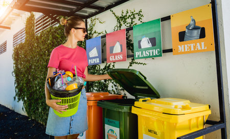A young beautiful girl throws sorted garbage into special binsの写真素材