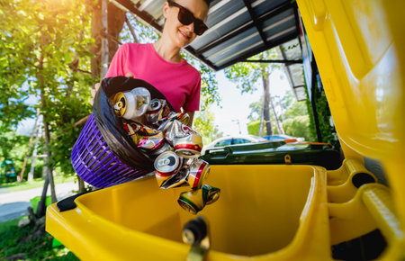 A young beautiful girl throws sorted garbage into special bins