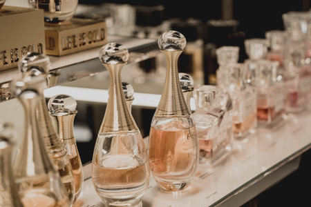 PHUKET, THAILAND - MAY 29, 2022: A rows of Christian Dior brand perfumes in a case on the supermarket showcaseのeditorial素材