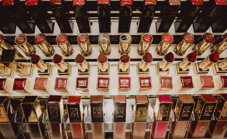 PHUKET, THAILAND - MAY 29, 2022: A rows of Yves Saint Laurent brand lipsticks in a case on the supermarket showcaseのeditorial素材