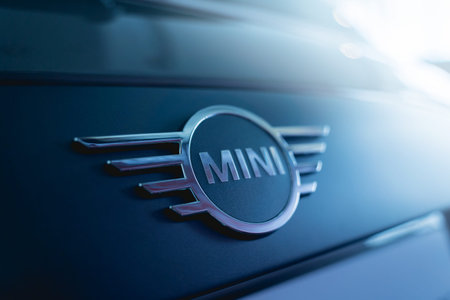 PHUKET, THAILAND - AUGUST 09, 2022: Cars logo of BMW MINI in showroom of dealership