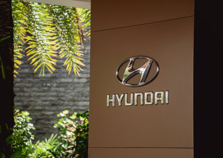 PHUKET, THAILAND - AUGUST 09, 2022: Cars logo of Hyundai in showroom of dealershipのeditorial素材