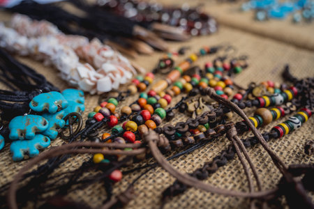 Many colorful bracelets from handcraft souvenirs shopの写真素材