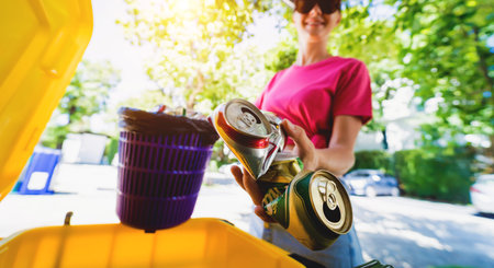 A young beautiful girl throws sorted garbage into special bins