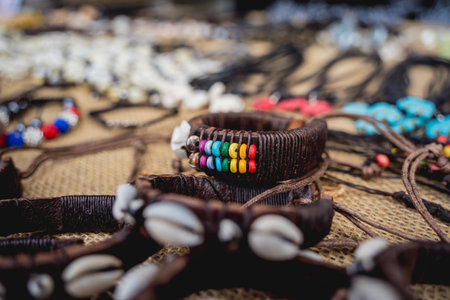 Many colorful bracelets from handcraft souvenirs shopの写真素材