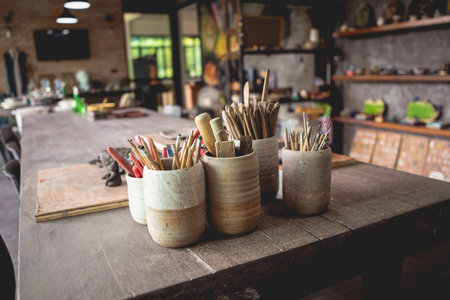 Instruments kit in a large workshop for the manufacture of clay productsの写真素材