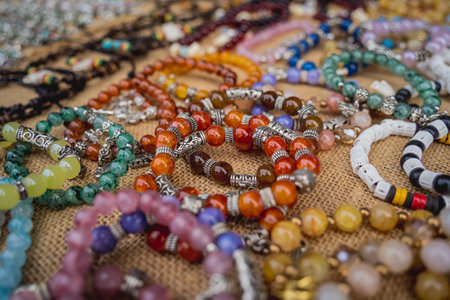 Many colorful bracelets from handcraft souvenirs shopの写真素材