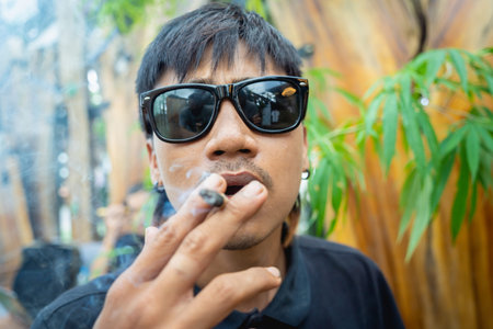 Young man smoking cigarettes with medical marijuana
