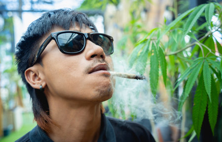 Young man smoking cigarettes with medical marijuanaの写真素材