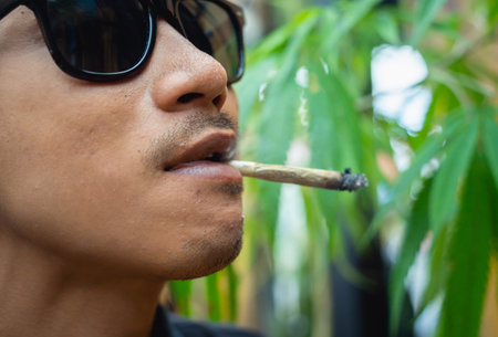 Young man smoking cigarettes with medical marijuanaの写真素材