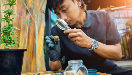 A young man examines under a magnifying glass the joints and buds of medical marijuanaの写真素材