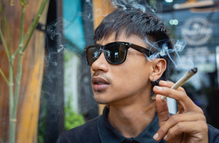 Young man smoking cigarettes with medical marijuana