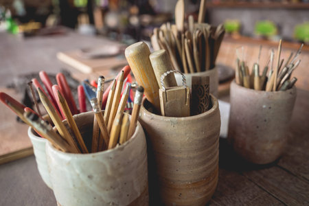 Instruments kit in a large workshop for the manufacture of clay products