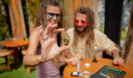 Hippie style couple examines joints and buds of medical marijuana.の写真素材