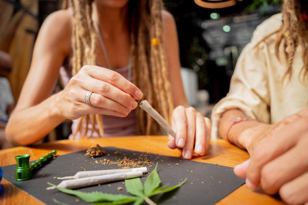 Hippie style couple making medical marijuana cigarettesの写真素材