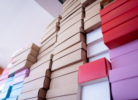 Stacks of colour cardboard boxes in the gift shopの写真素材
