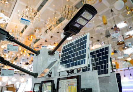 Solar-powered street lamp at the showroom of a large storeの写真素材