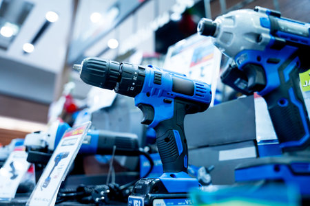 Construction carpentry electric cordless drill at the showroom of a large store.の写真素材
