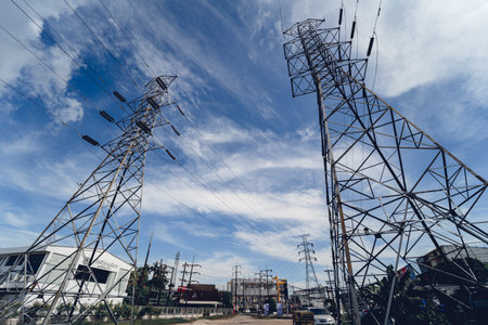 Structure pattern view of high voltage pole power transmission towerの写真素材