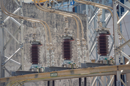 High voltage electric power plant current distribution substation