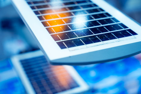 Solar-powered street lamp at the showroom of a large storeの写真素材