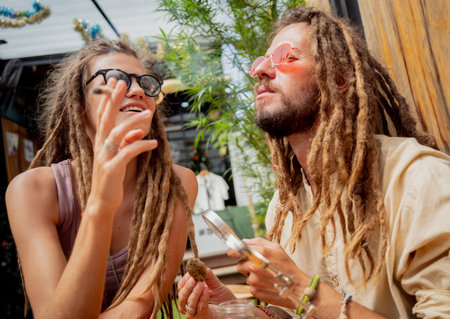 Hippie style couple smoking cigarettes with medical marijuanaの写真素材