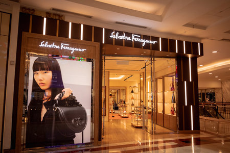 KUALA LUMPUR, MALAYSIA - DECEMBER 04, 2022: Salvatore Ferragamo brand retail shop logo signboard on the storefront in the shopping mallのeditorial素材