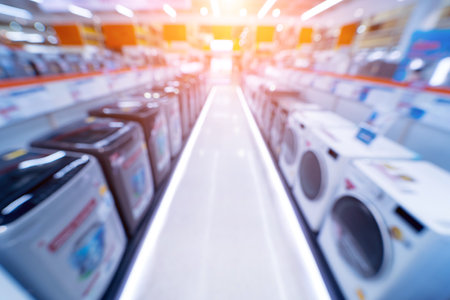 Blurred background of large household appliances and furniture storeの写真素材