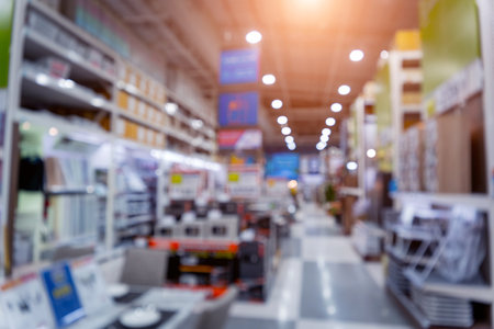 Blurred background of large household appliances and furniture storeの写真素材