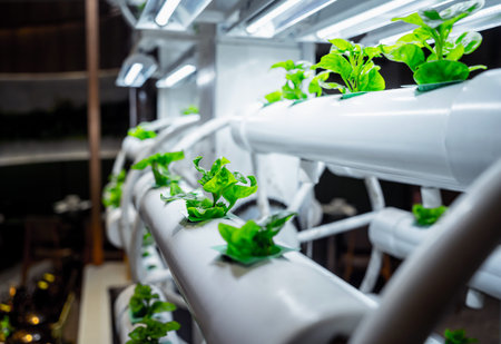 Racks with young microgreens in pots under led lamps in hydroponics vertical farms.