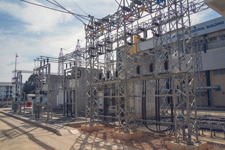 High voltage electric power plant current distribution substationの写真素材