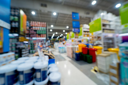 Blurred background of large household appliances and furniture storeの写真素材