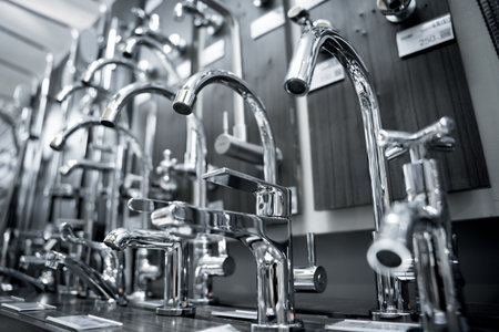 Rows of metal water taps at the showroom of a large storeの写真素材