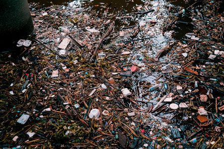 Waterway clogged with plastic pollution and other garbageの写真素材