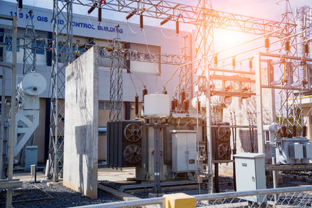 High voltage electric power plant current distribution substationの写真素材
