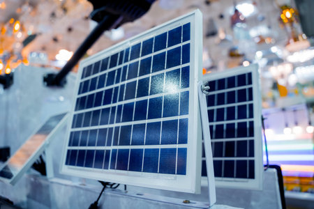 Solar-powered street lamp at the showroom of a large storeの写真素材