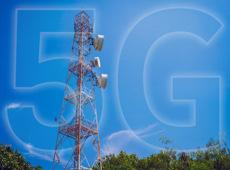 5G Cell Towers for smart mobile telephone on sky background