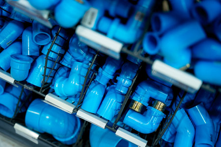 Water PVC pipes placed on the shelf in the building materials store.の写真素材