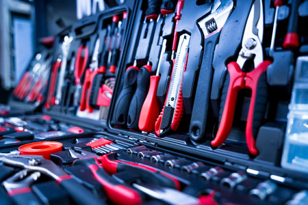 Set of hand various work tools at the showroom of a large store.の写真素材