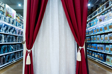 Displayed colorful curtain samples at the showroom of a large storeの写真素材