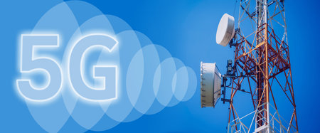 5G Cell Towers for smart mobile telephone on sky background