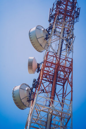 5G Cell Towers for smart mobile telephone on sky backgroundの写真素材